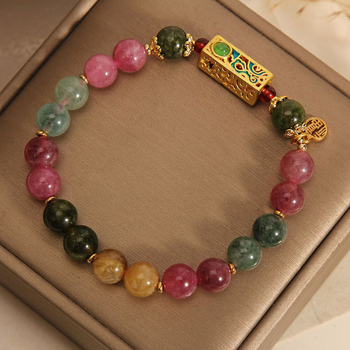 Buddha Stones Colorful Tourmaline Positive Fu Character Charm Bracelet