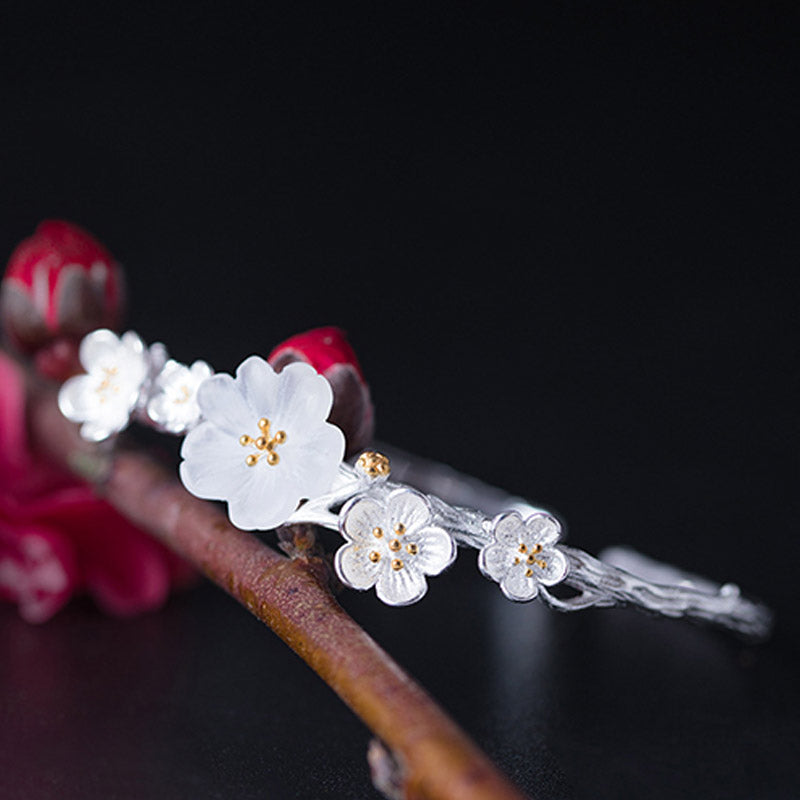 925 Sterling Silver Plum Flower Blessing Bracelet Adjustable Bangle - image 1
