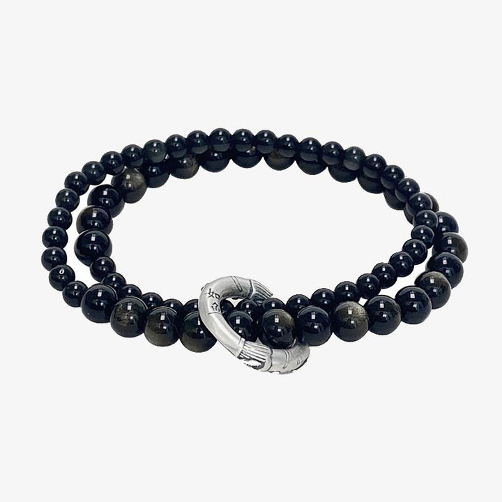 Buddha Stones 999 Sterling Silver Black Obsidian Fulfillment Strength Double Layer Bracelet