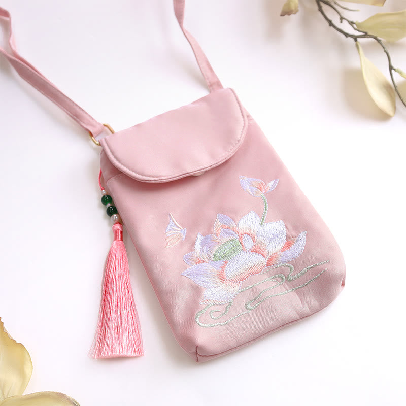 Buddha Stones Small Embroidered Flowers Crossbody Bag Shoulder Bag Double Layer Cellphone Bag