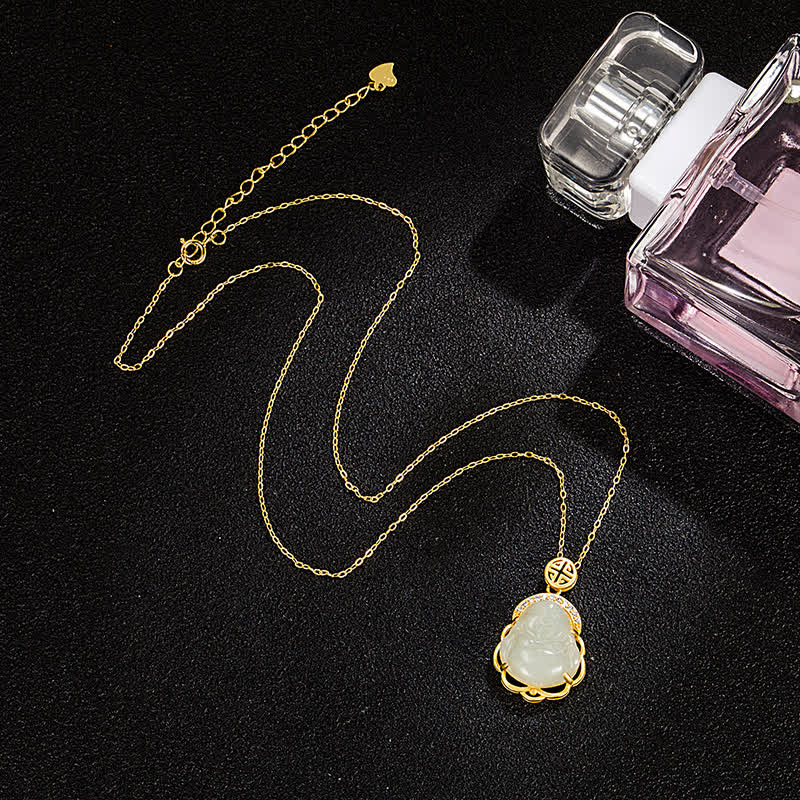 925 Sterling Silver Laughing Buddha Hetian White Jade Protection Necklace Pendant - image 4