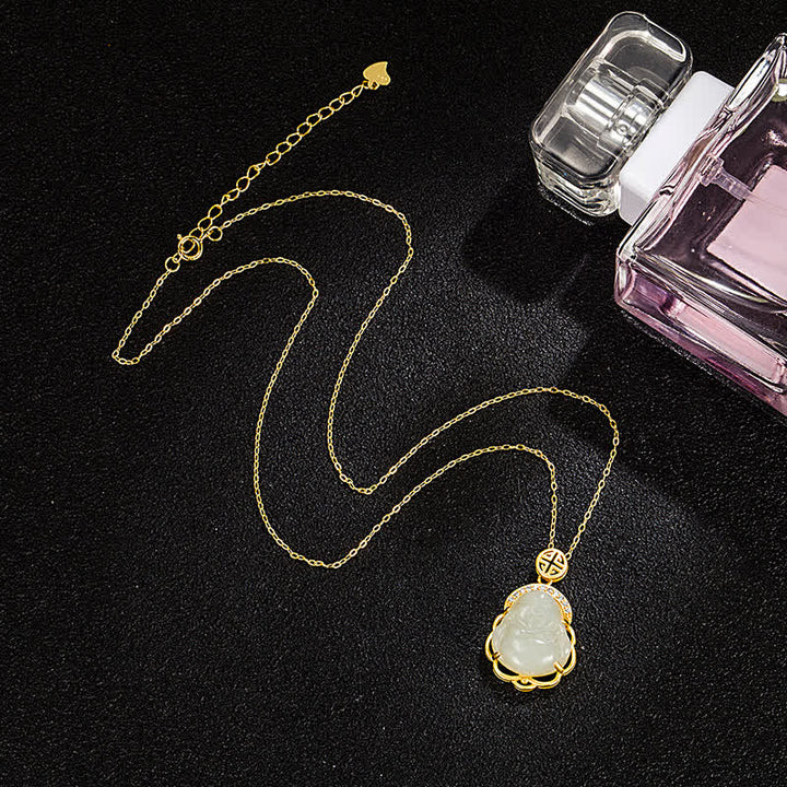 925 Sterling Silver Laughing Buddha Hetian White Jade Protection Necklace Pendant - image 4