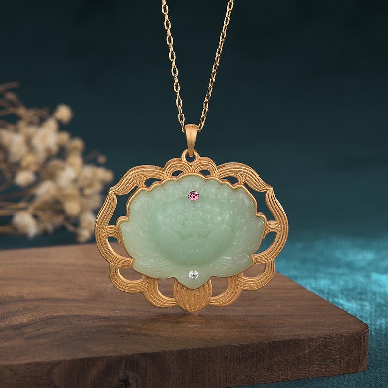 Natural Jade Lotus Harmony Necklace Pendant - 40*40mm - image 1