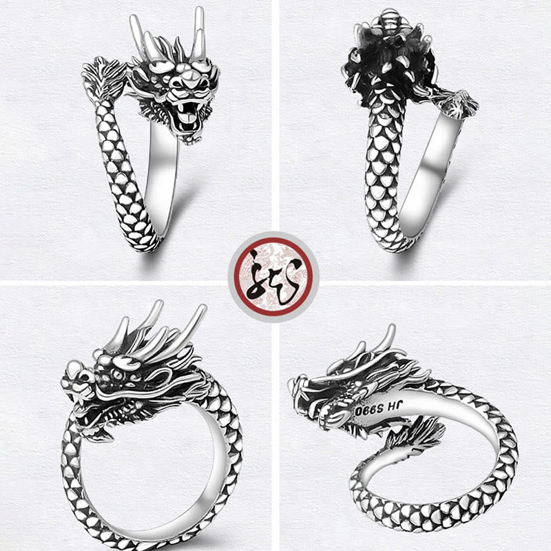 Buddha Stones 990 Sterling Silver Vintage Dragon Design Luck Protection Strength Adjustable Ring - image 12