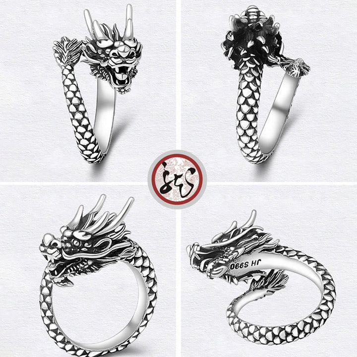 Buddha Stones 990 Sterling Silver Vintage Dragon Design Luck Protection Strength Adjustable Ring - image 12
