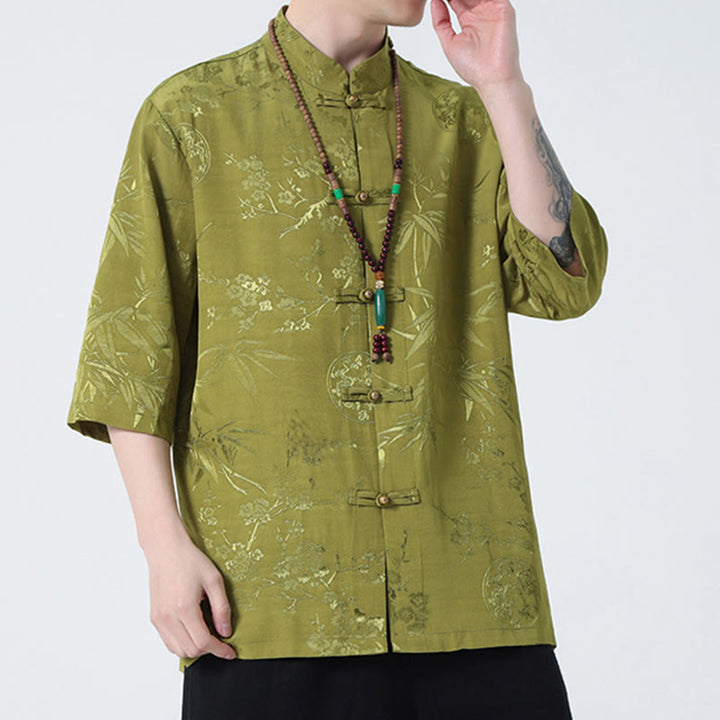 Buddha Stones Peach Blossom Bamboo Leaves Frog-button Chinese Half Sleeve Shirt Men T-shirt