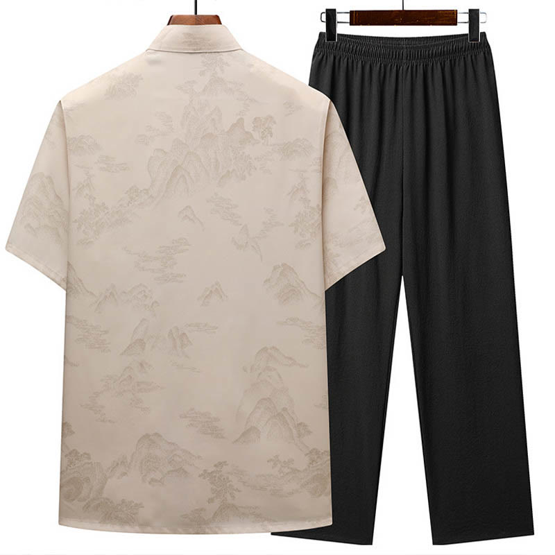 Buddha Stones Mountains Trees Tang Suit Hanfu Traditional Uniform Short Sleeve Top Pants Clothing Men's Set