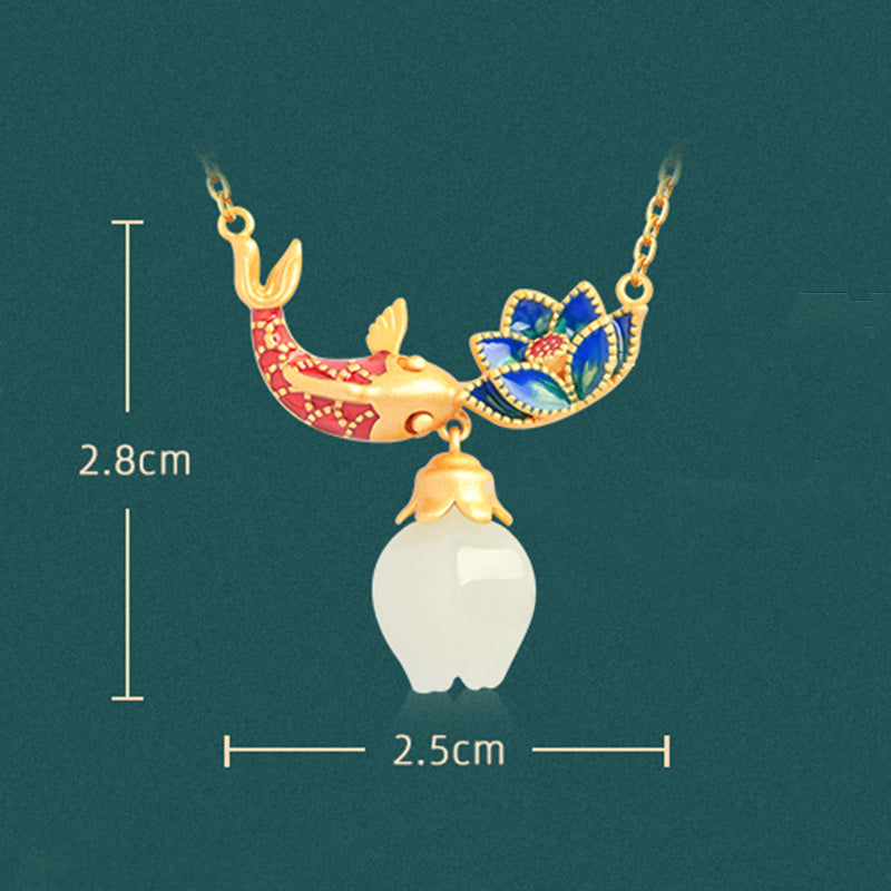 Buddha Stones 925 Sterling Silver White Jade Koi Fish Lotus Protection Necklace Pendant - image 10