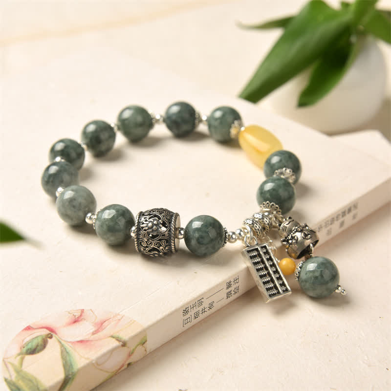925 Sterling Silver Cyan Jade Amber Abacus Lucky Cat Success Bracelet - image 5