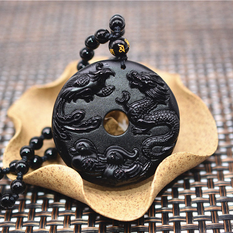 Buddha Stones Black Obsidian Dragon Phoenix Mandarin Duck Luck Protection Necklace Pendant