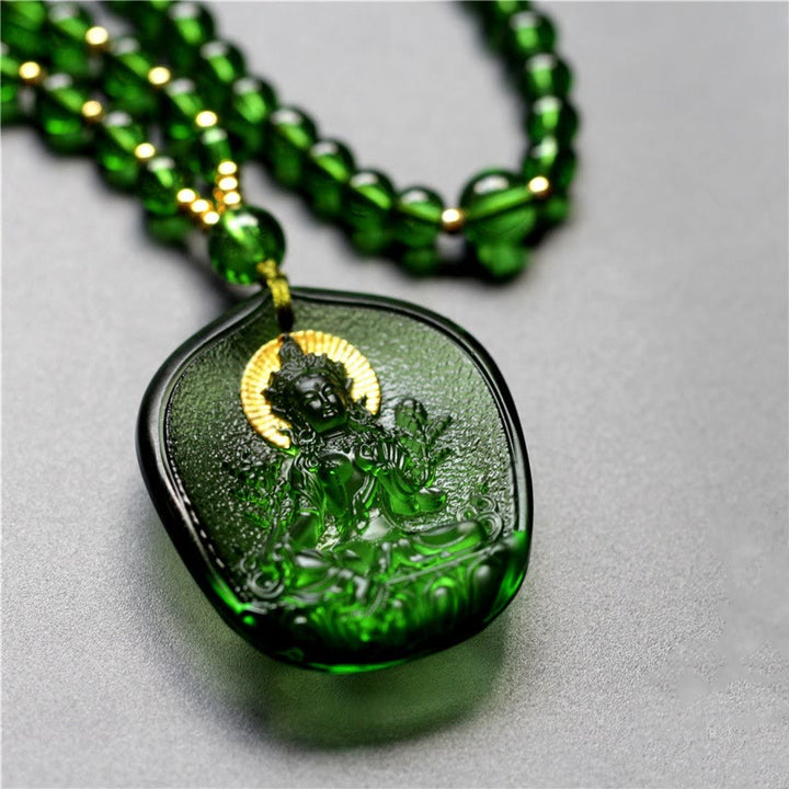 Buddha Stones Tibetan Green Tara Buddha Gold Plated Liuli Crystal Protection Necklace Pendant - Green Tara - Buddha Light Version - image 2