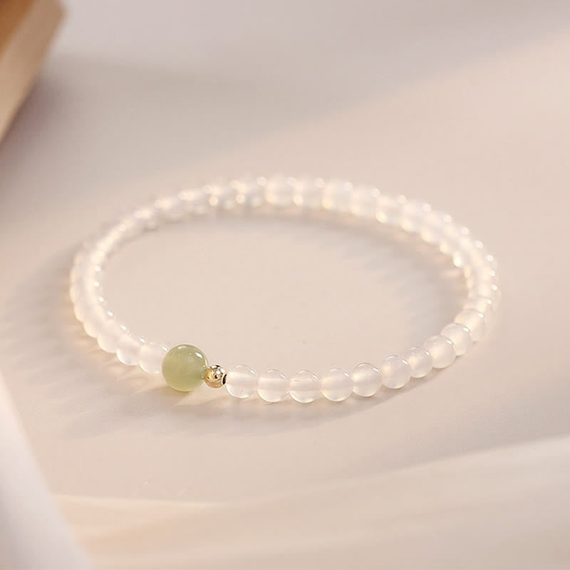 Buddha Stones Natural White Agate Jade Luck Protection Bracelet - White Agate(Wrist Circumference 15cm) - image 0