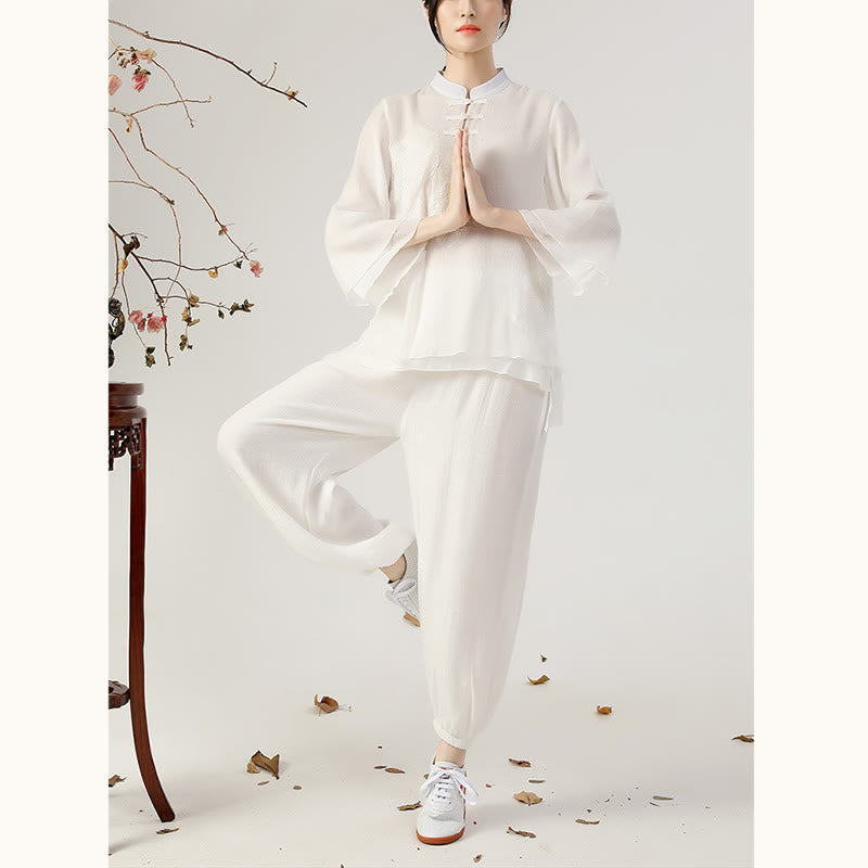 Buddha Stones 2Pcs Long Sleeve Frog-Button Meditation Prayer Zen Practice Tai Chi Uniform Clothing Women's Set