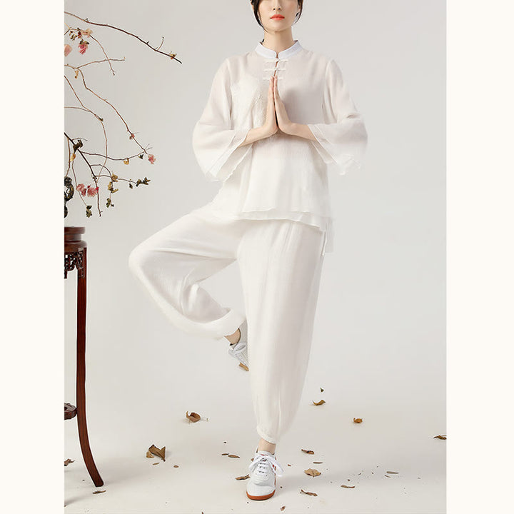 Buddha Stones 2Pcs Long Sleeve Frog-Button Meditation Prayer Zen Practice Tai Chi Uniform Clothing Women's Set