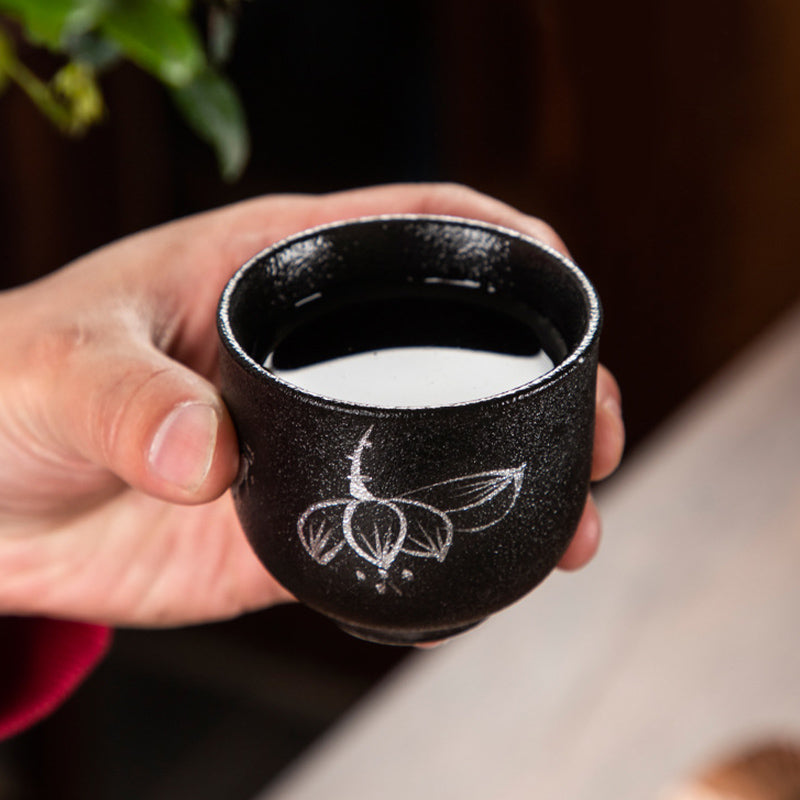 Buddha Stones Hand Painted Lotus Flower Bamboo Chrysanthemum Black Pottery Ceramic Teacup Kung Fu Tea Cup 95ml