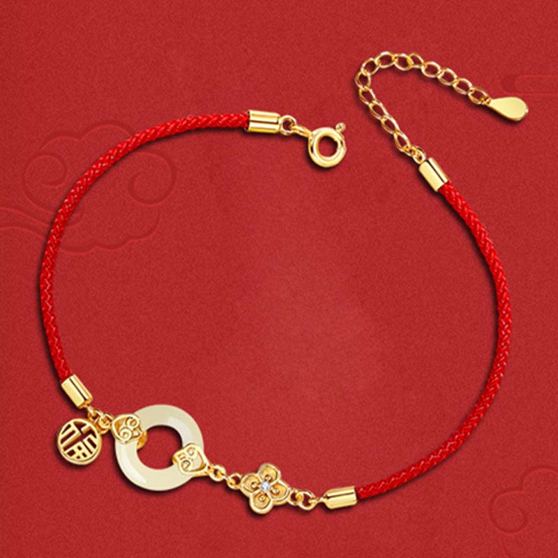 Buddha Stones 999 Sterling Silver Hetian Jade Peace Buckle Fu Character Luck Red Rope Bracelet