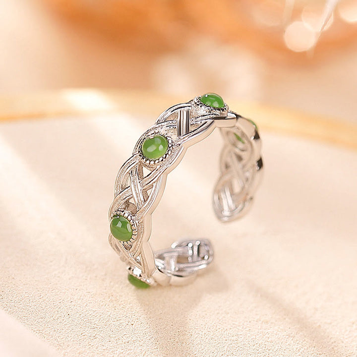 Buddha Stones 925 Sterling Silver Plated Gold Cyan Jade Braided Design Success Luck Adjustable Ring - Silver - image 10