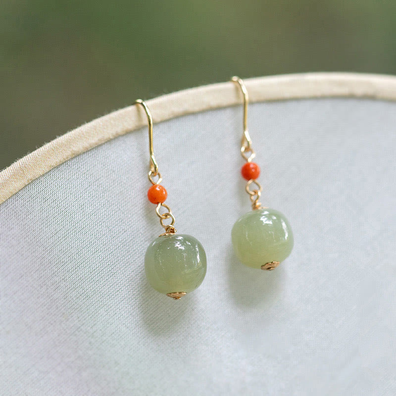 Buddha Stones 925 Sterling Silver Plated 14k Gold Hetian Jade Red Agate Luck Drop Dangle Earrings - image 1