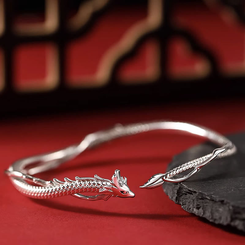 Buddha Stones 925 Sterling Silver Year of the Dragon Design Luck Metal Cuff Bracelet Bangle - image 2