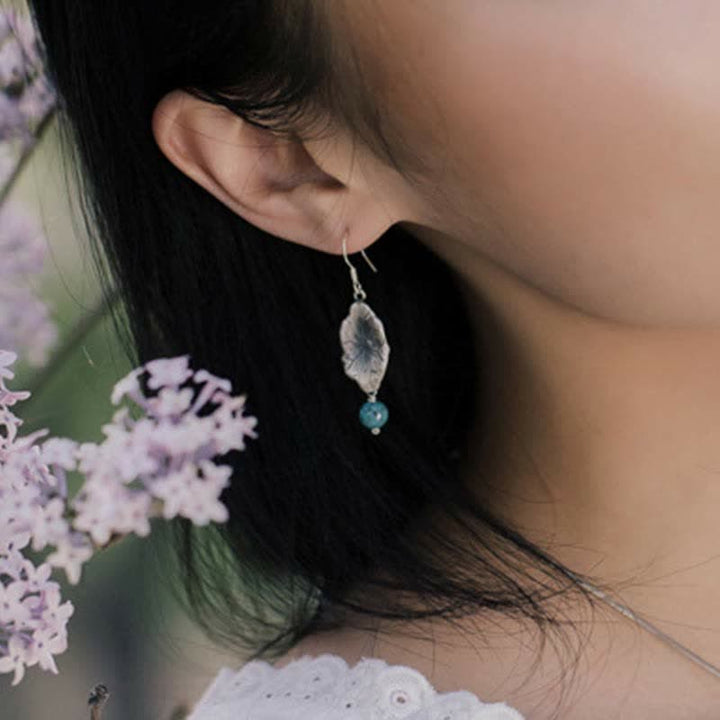 925 Sterling Silver Turquoise Lotus Leaf Protection Drop Dangle Earrings - image 2