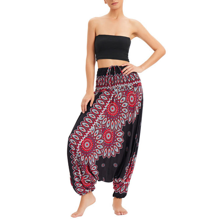 Buddha Stones Two Style Wear Sunflower Loose Smocked Harem Trousers Jumpsuit High Waist Pants