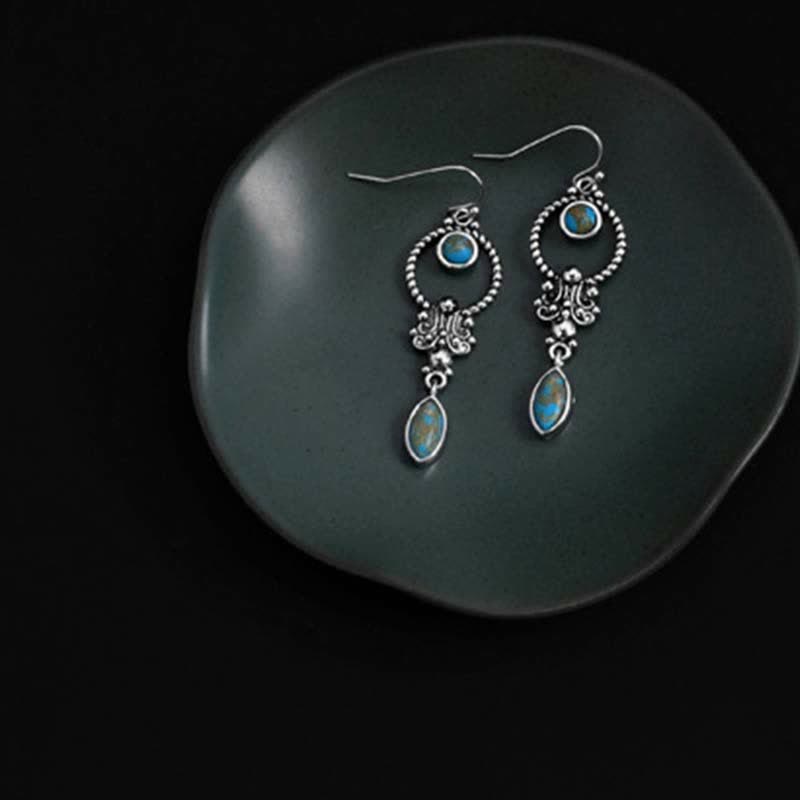 Buddha Stones 925 Sterling Silver Hook Vintage Copper Plated Silver Turquoise Waterdrop Pattern Balance Drop Dangle Earrings - image 3