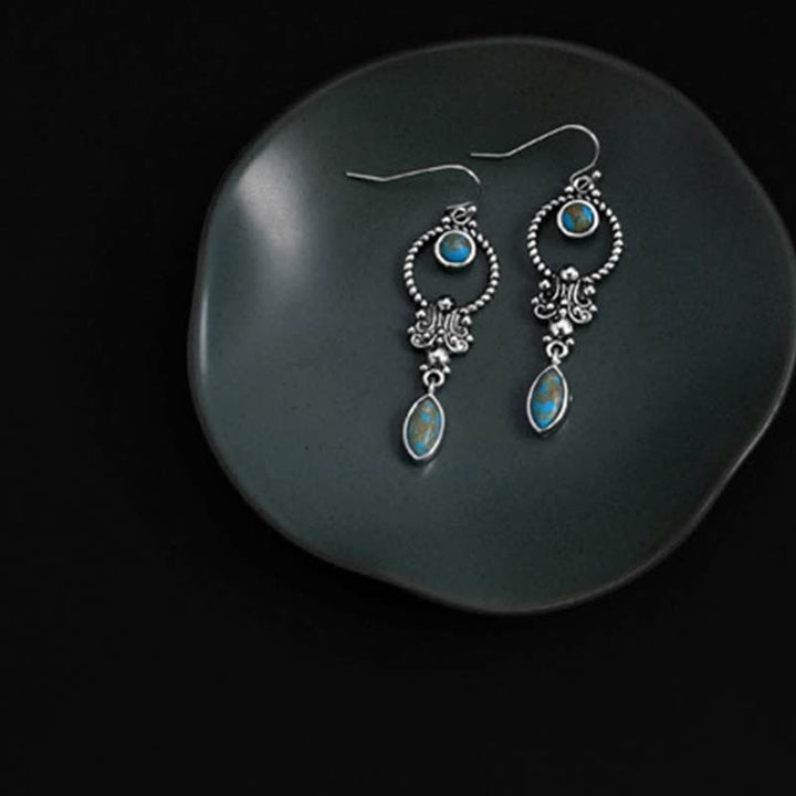 Buddha Stones 925 Sterling Silver Hook Vintage Copper Plated Silver Turquoise Waterdrop Pattern Balance Drop Dangle Earrings - image 3