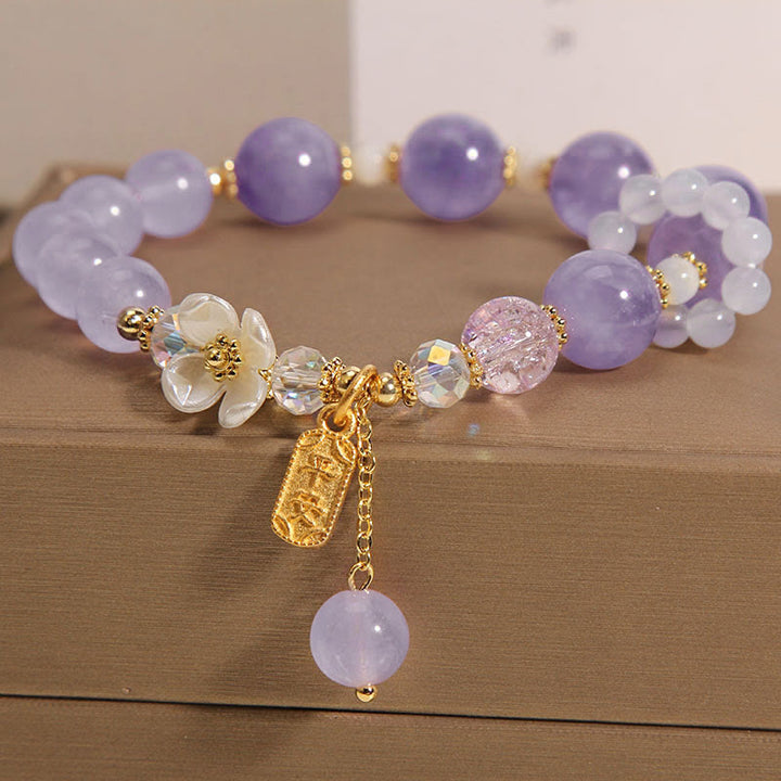 Buddha Stones Natural Blue Crystal Amethyst Chalcedony Flower Healing Bracelet