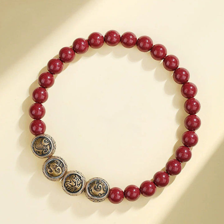 Buddha Stones 925 Sterling Silver Natural Cinnabar Four Beasts Blessing Bracelet