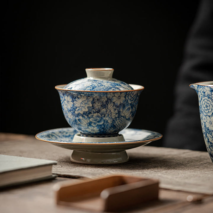 Buddha Stones Vintage Blue And White Porcelain Peach Blossom Lotus Peony Ceramic Gaiwan Sancai Teacup Kung Fu Tea Cup And Saucer With Lid - 9.3cm*9.8cm*150ml(Saucer 13.3cm) - image 0