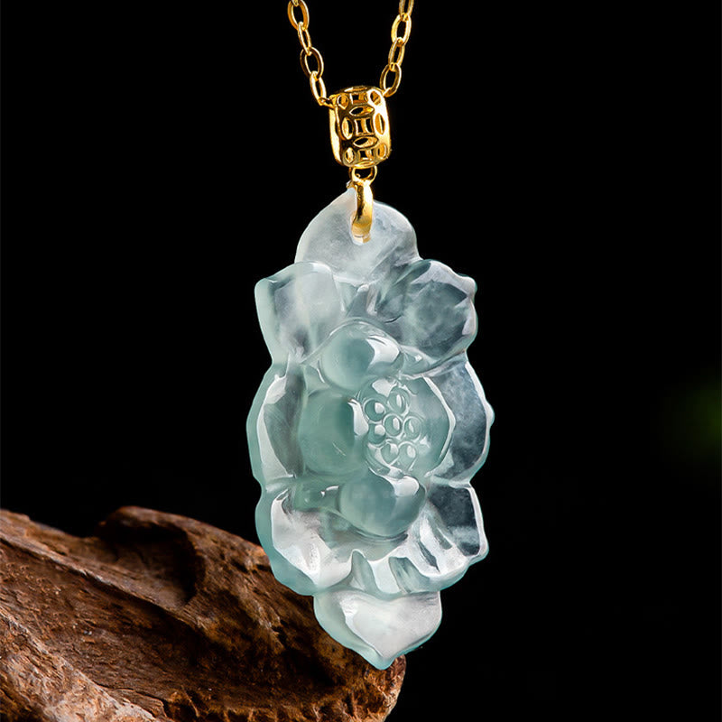 Buddha Stones 18K Gold Natural Jade Lotus Pattern Prosperity Necklace Pendant - image 4