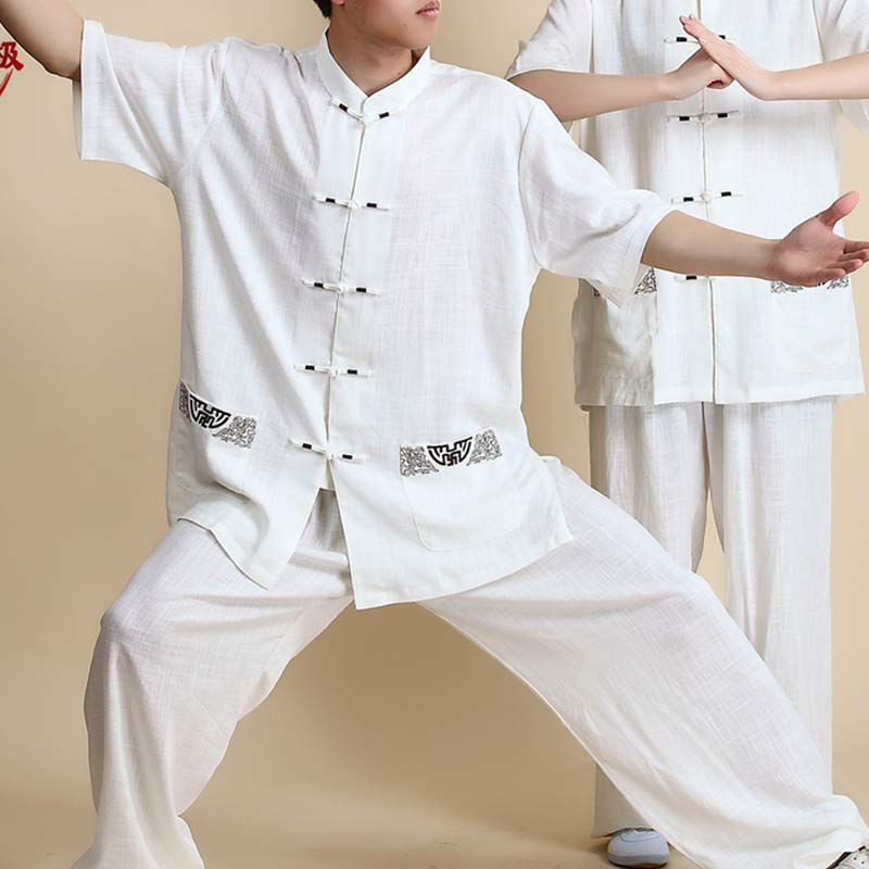 Buddha Stones Meditation Zen Prayer Spiritual Tai Chi Qigong Practice Unisex Embroidery Clothing Set - Short Sleeve White Embroidery - US14，UK/AU18，EU46 (3XL) - image 22