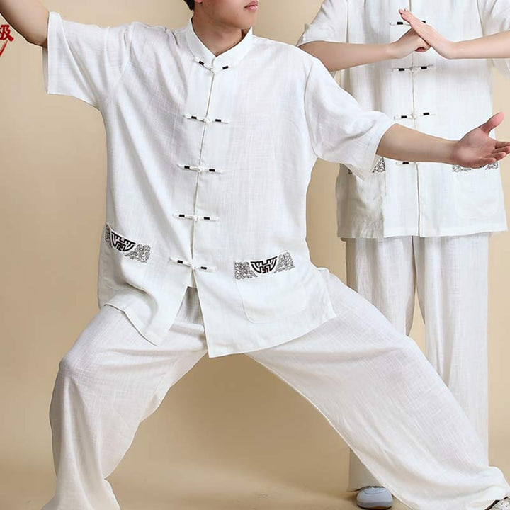 Buddha Stones Meditation Zen Prayer Spiritual Tai Chi Qigong Practice Unisex Embroidery Clothing Set - Short Sleeve White Embroidery - US14，UK/AU18，EU46 (3XL) - image 22