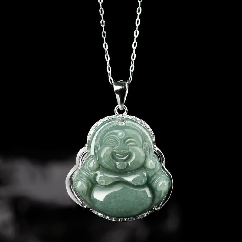 Buddha Stones 925 Sterling Silver Laughing Buddha Jade Abundance Necklace Chain Pendant - image 2