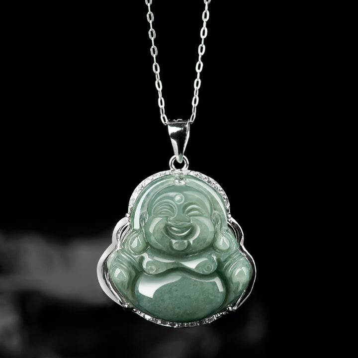 Buddha Stones 925 Sterling Silver Laughing Buddha Jade Abundance Necklace Chain Pendant - image 2