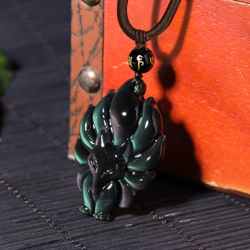 Buddha Stones Natural Rainbow Obsidian Gold Sheen Obsidian Nine Tailed Fox Positive Necklace Pendant - image 1