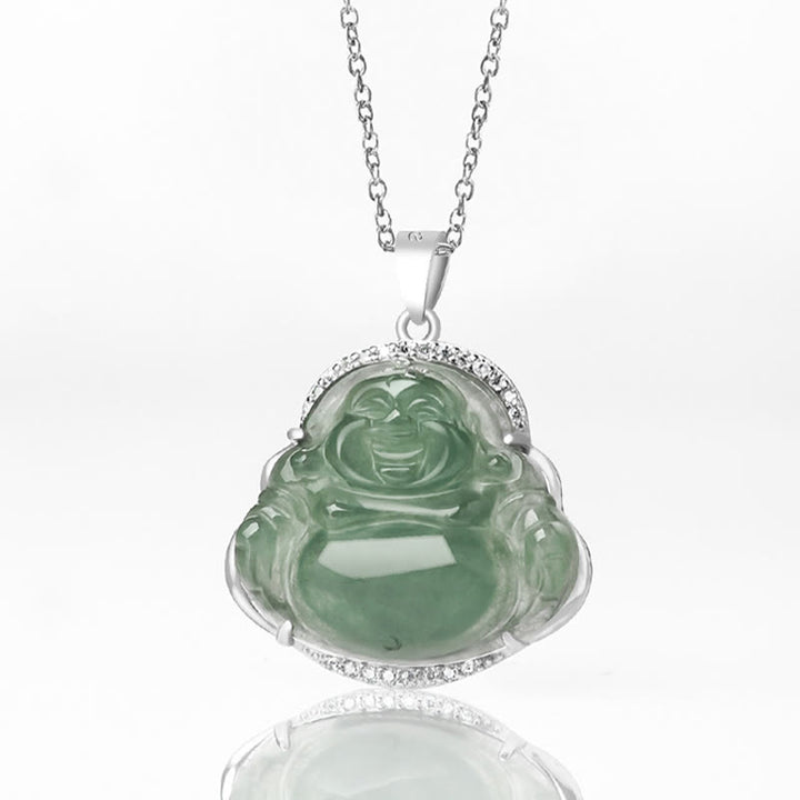 Buddha Stones 925 Sterling Silver Laughing Buddha Natural Jade Luck Prosperity Necklace Chain Pendant - image 5