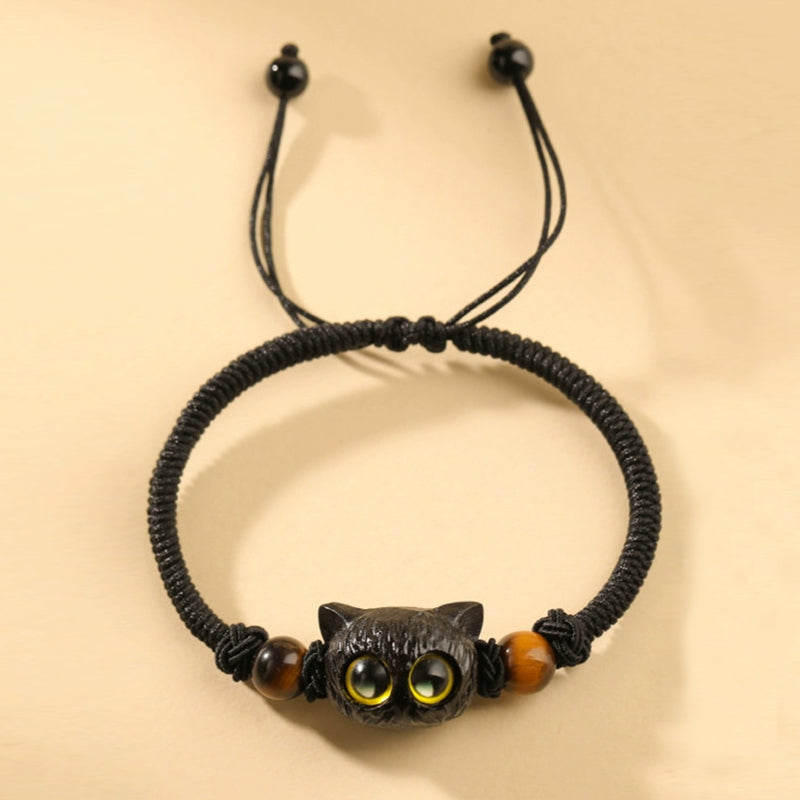 Buddha Stones Cute Ebony Wood Cat Head Pattern Peace Bracelet