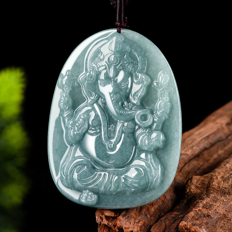 Buddha Stones Natural Jade Ganesh Ganpati Elephant Protection Amulet Necklace Pendant - image 2