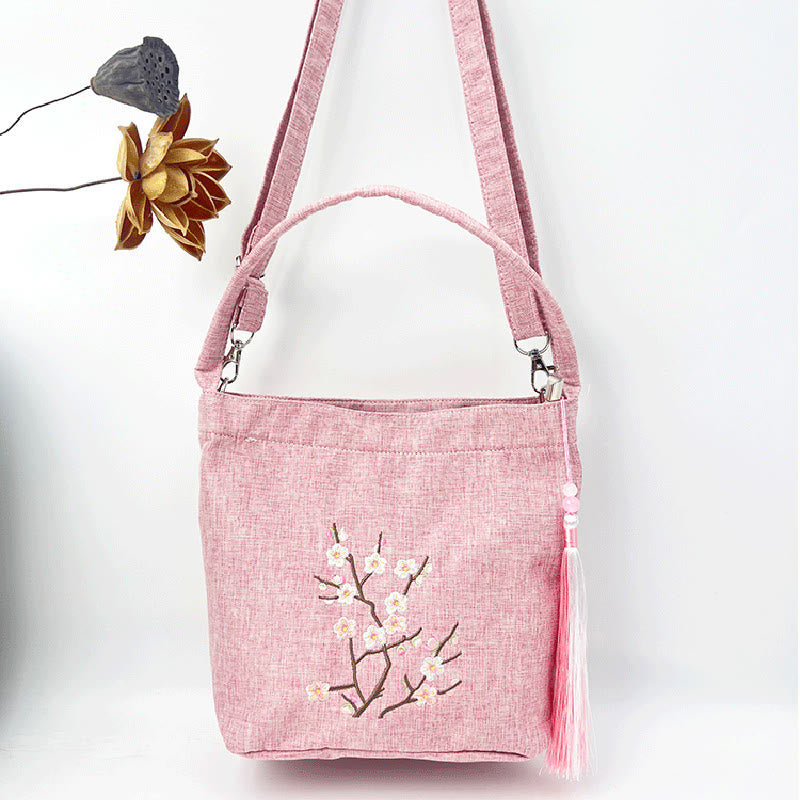 Buddha Stones Embroidery Wisteria Plum Lotus Cherry Blossom Cotton Linen Canvas Tote Crossbody Bag Shoulder Bag Handbag