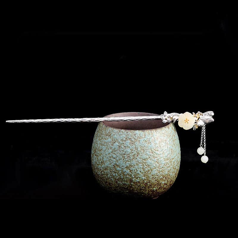 925 Sterling Silver Hetian White Jade Flower Blessing Hairpin - image 7