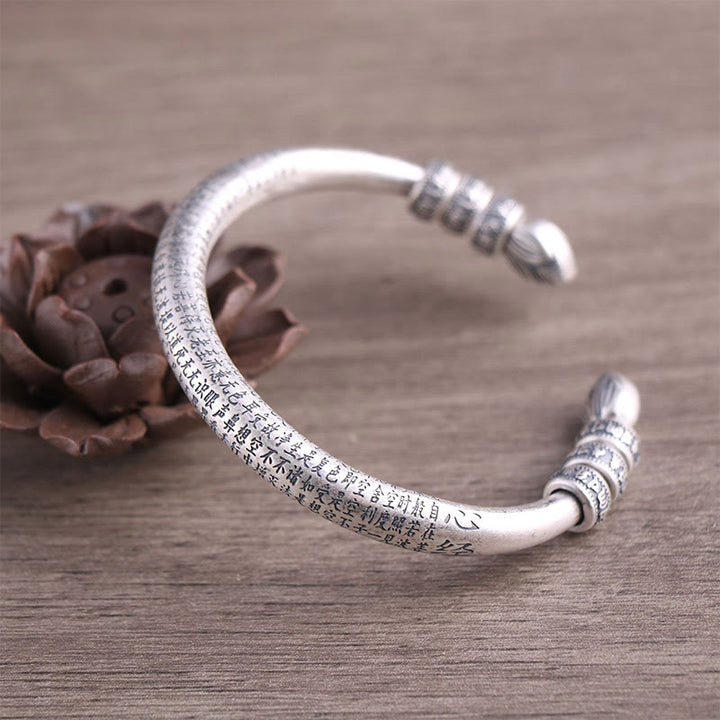 Buddha Stones 999 Sterling Silver Heart Sutra Om Mani Padme Hum Engraved Peace Purity Bracelet Bangle - 999 Sterling Silver - image 0