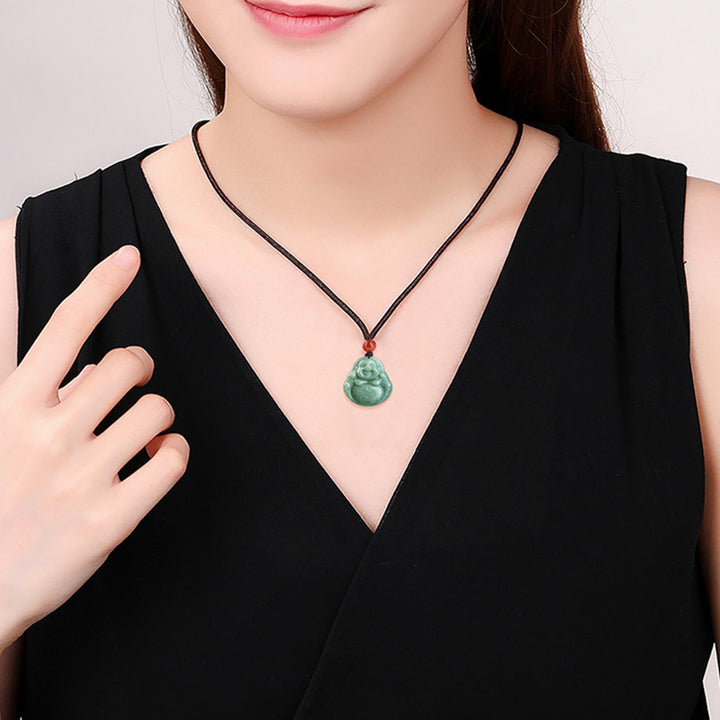 Buddha Stones Laughing Buddha Cyan Jade Success Necklace String Pendant - image 3