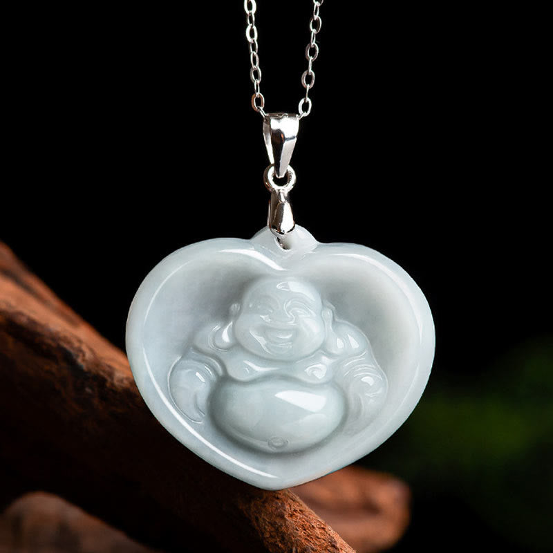 Buddha Stones 925 Sterling Silver Laughing Buddha White Jade Luck Blessing Necklace Pendant - image 4