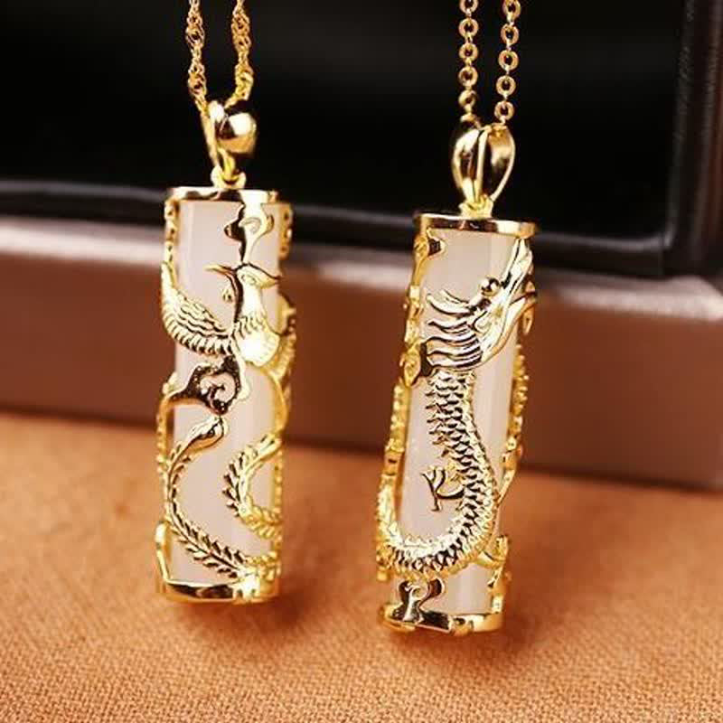 Buddha Stones Jade Dragon Phoenix Copper Blessing Harmony Necklace Pendant - image 5