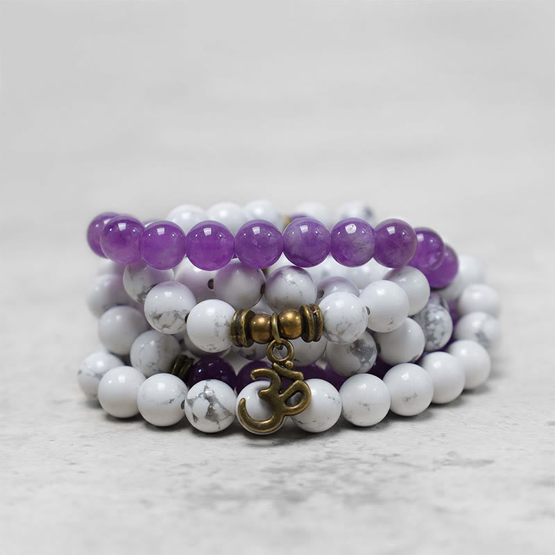 108 Mala Beads Amethyst White Turquoise OM Healing Meditation Energy Bracelet - image 3