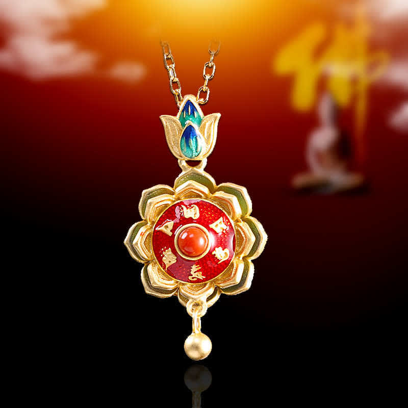 925 Sterling Silver Tibet Lotus Prayer Wheel Red Agate Enlightenment Necklace Pendant - image 2