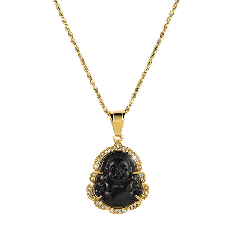 Buddha Stones 18K Gold Filled Laughing Buddha Jade Luck Necklace Chain Pendant