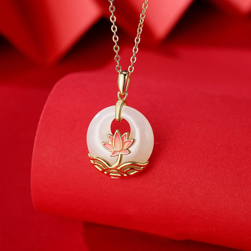 Buddha Stones 925 Sterling Silver Hetian White Jade Lotus Flower Blessing Necklace Pendant - Hetian White Jade(Protection♥Happiness) - image 1