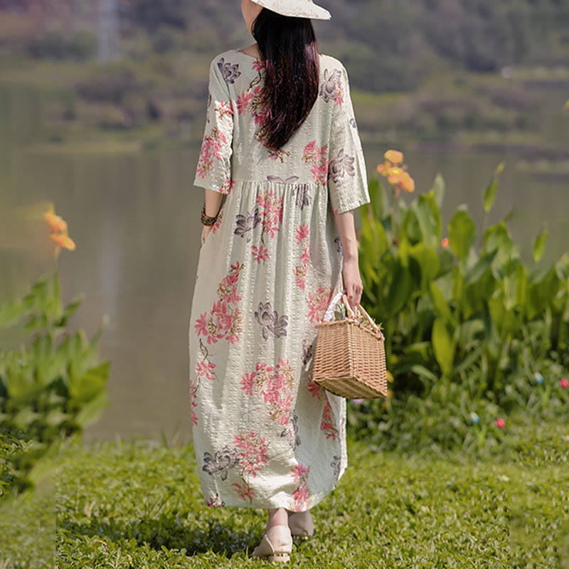 Buddha Stones Flowers Print Midi Dress Cotton Linen Tunic Dress With Pockets